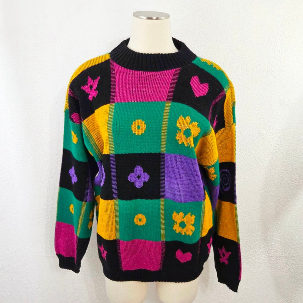 Vintage funky patchwork sweater metallic jeweltone quirky hearts floral magenta